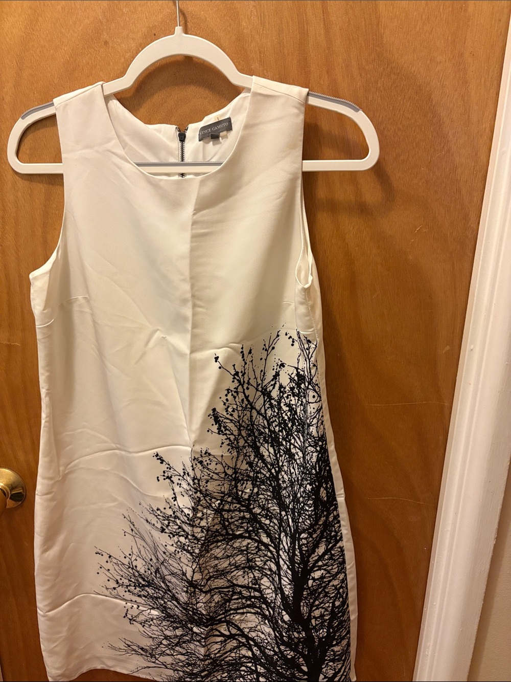 Vince CamiutoWhite Sleeveless Shift Dress with Black Tree Print by Anne Klein